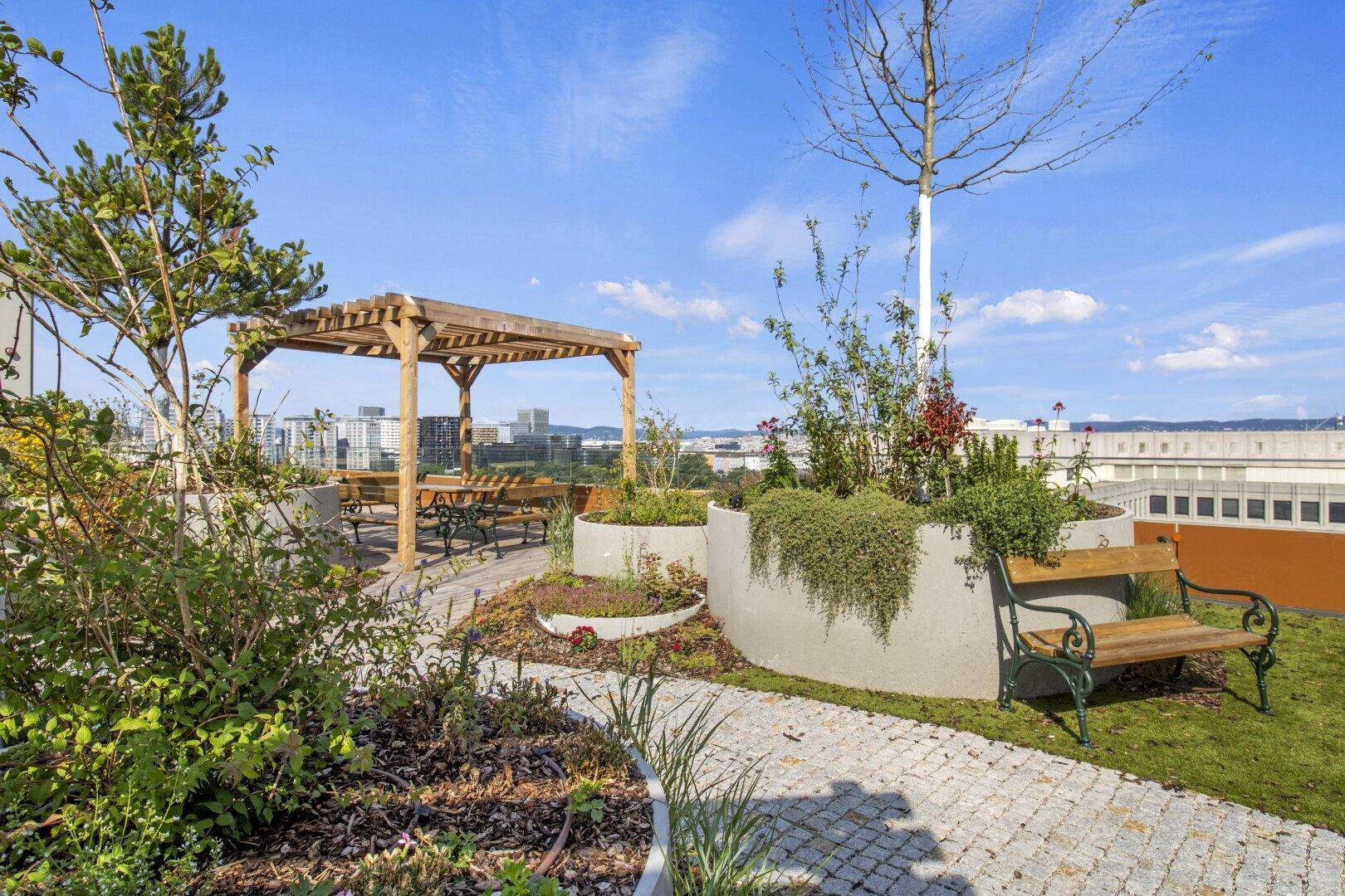 Begrünte Dachterrasse mit Sitzgelegenheiten, Pergola und Pflanzen für entspannte Stunden.