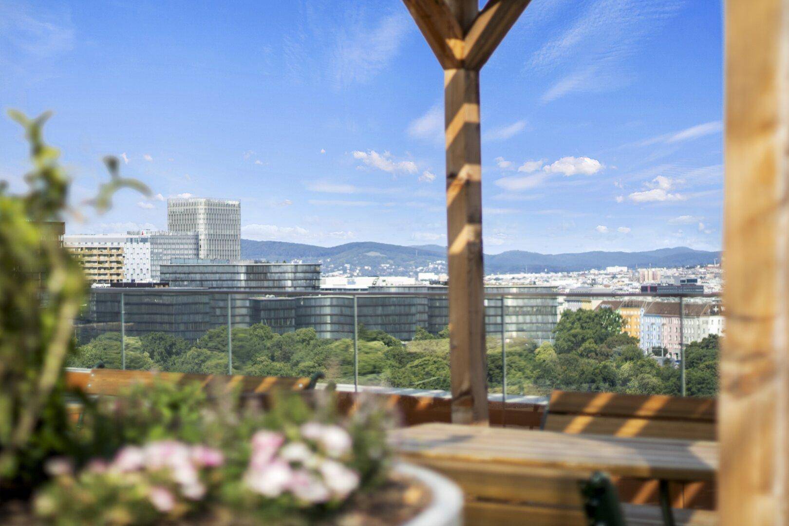 Grüne Dachterrasse mit Holzbänken und weitem Blick über die Stadt und die umliegenden Hügel.