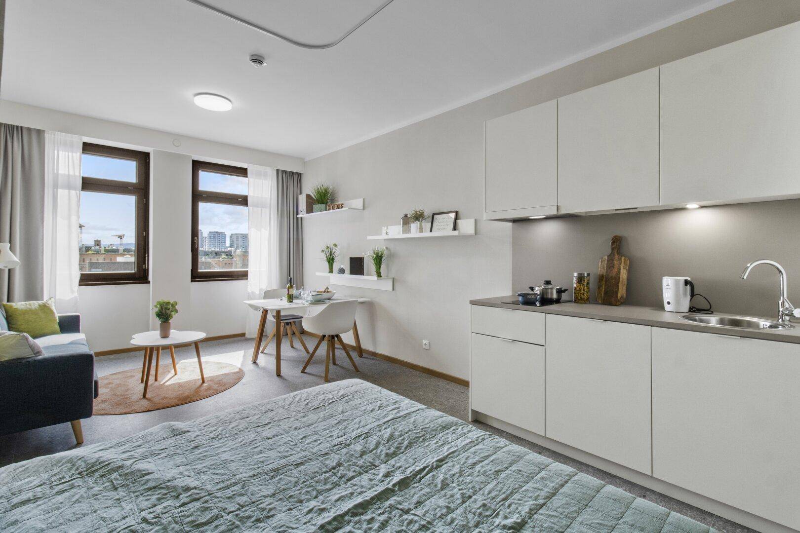 Modernes Studio-Apartment mit integrierter Küchenzeile, Essbereich und Schlafplatz.
