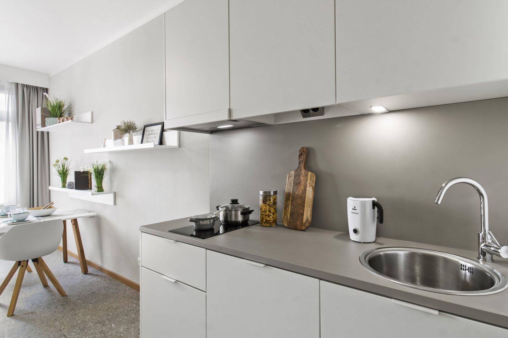 Moderne Küchenzeile mit Spüle, Induktionskochfeld und integrierten Schränken.