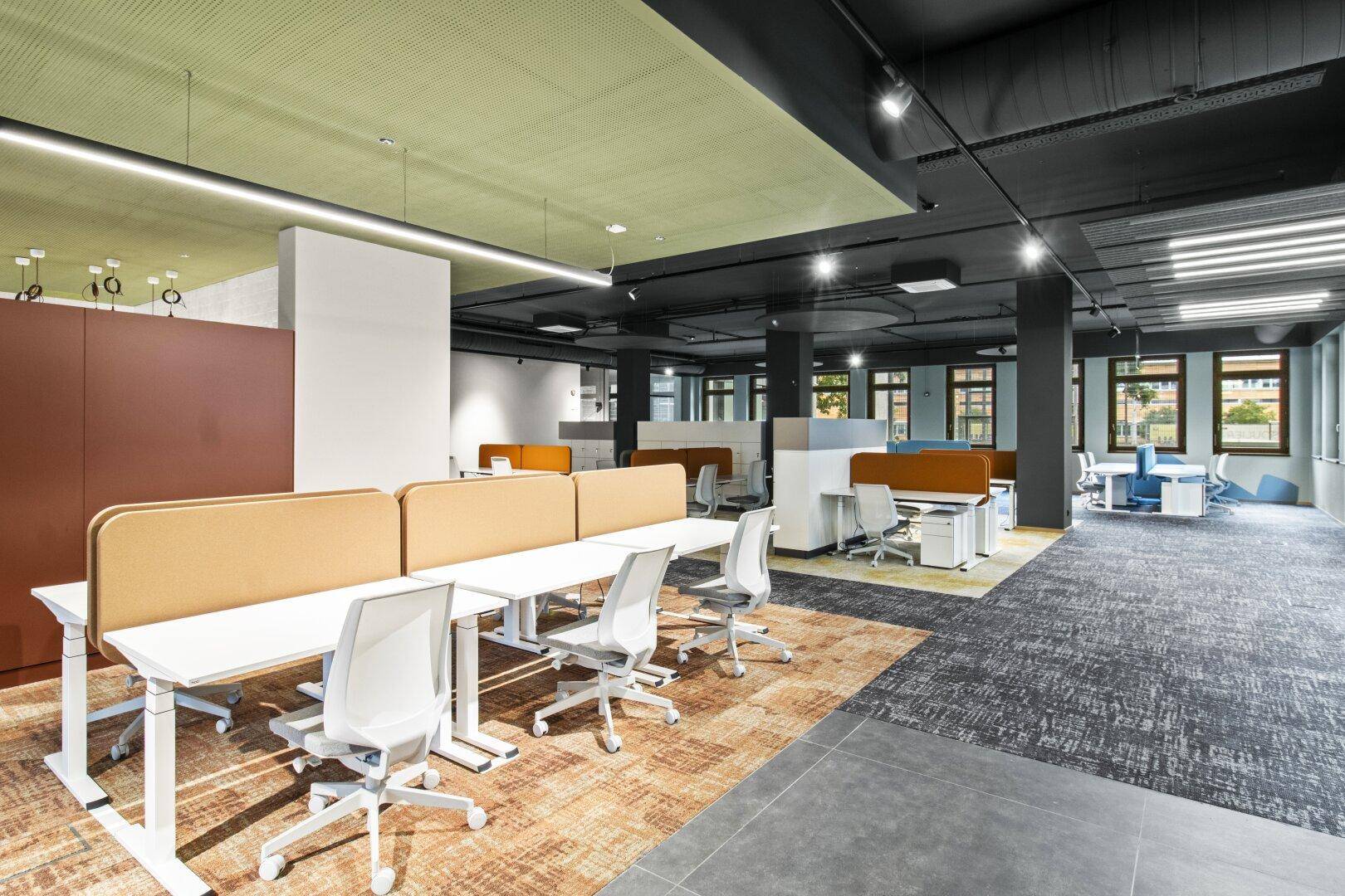Moderner Großraumbüro mit ergonomischen Arbeitsplätzen, Teppichboden und Blick auf die Umgebung.