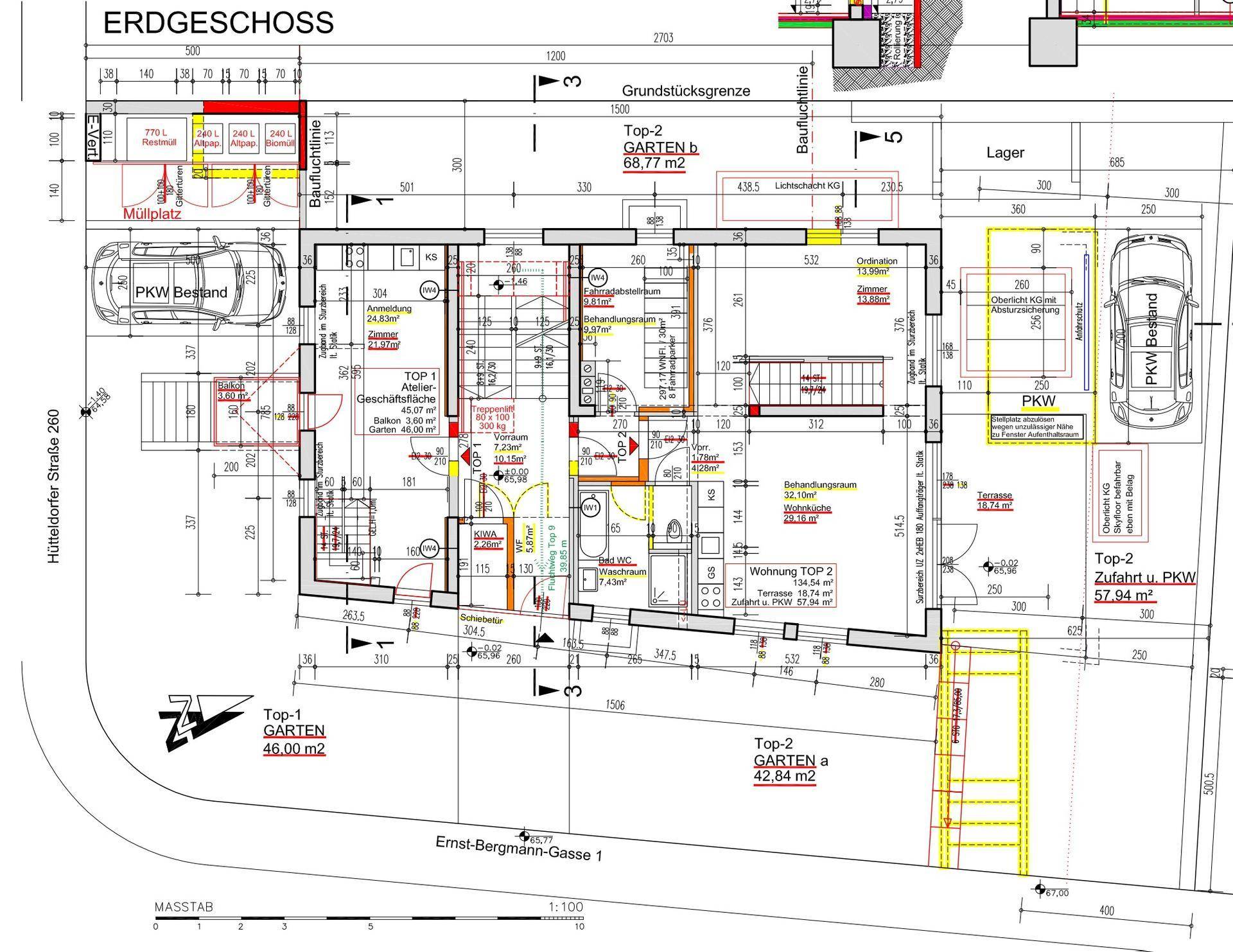 Grundriss des Erdgeschosses mit Wohnungen, Gärten, Terrassen und Parkplätzen.