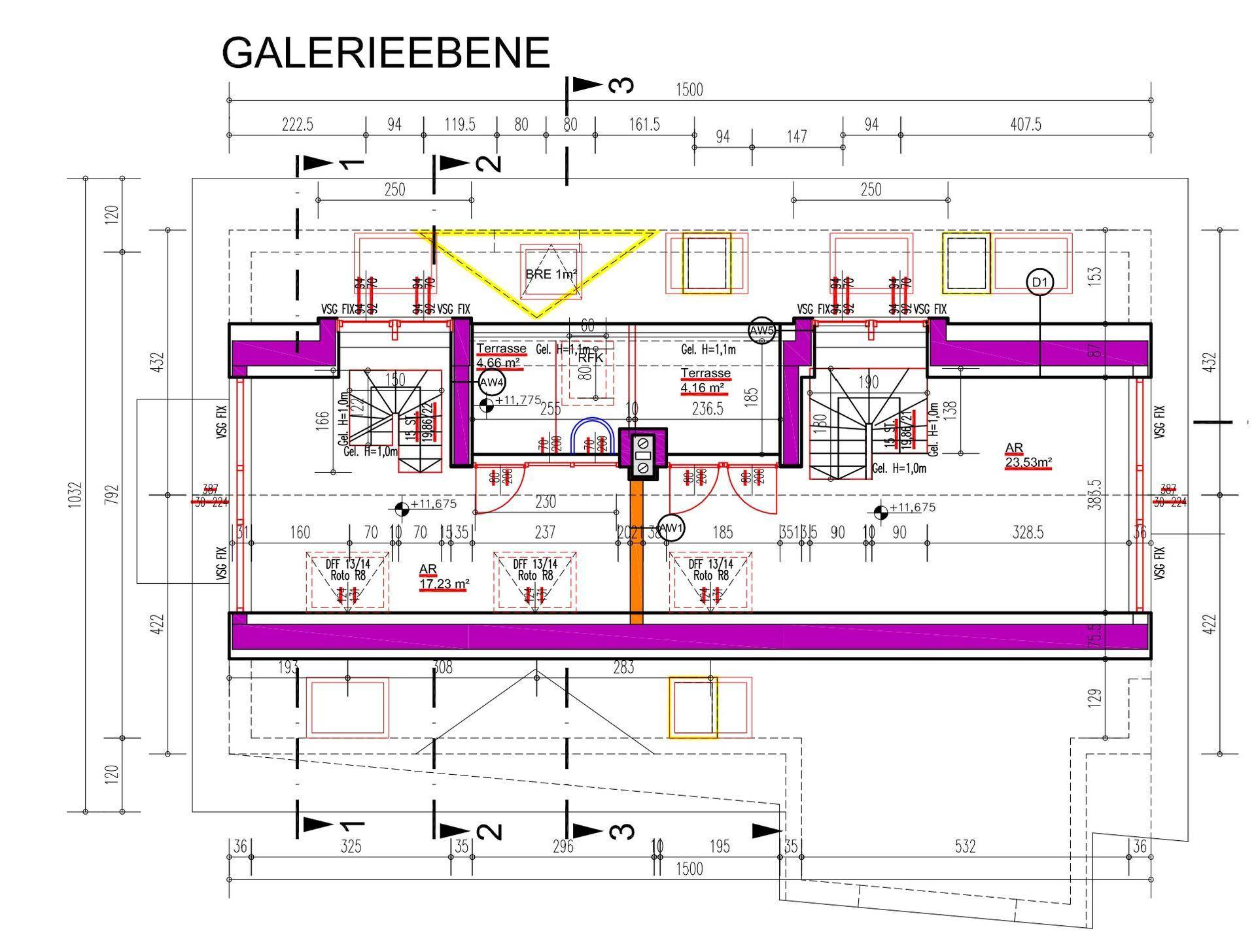 Grundriss der Galerieebene mit Terrassen und offenen Bereichen, die auf die darunterliegenden Räume blicken.