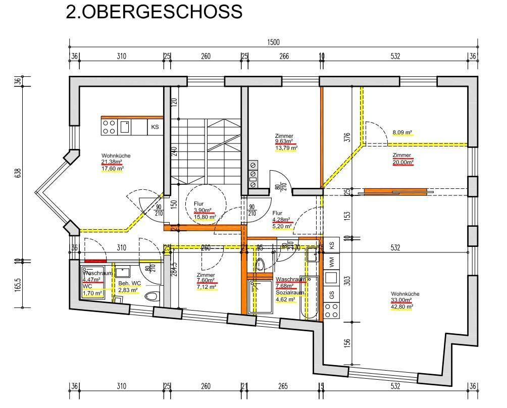 Grundriss des zweiten Obergeschosses mit Wohnküchen, Schlafzimmern und Bädern, ähnlich dem ersten Stock.