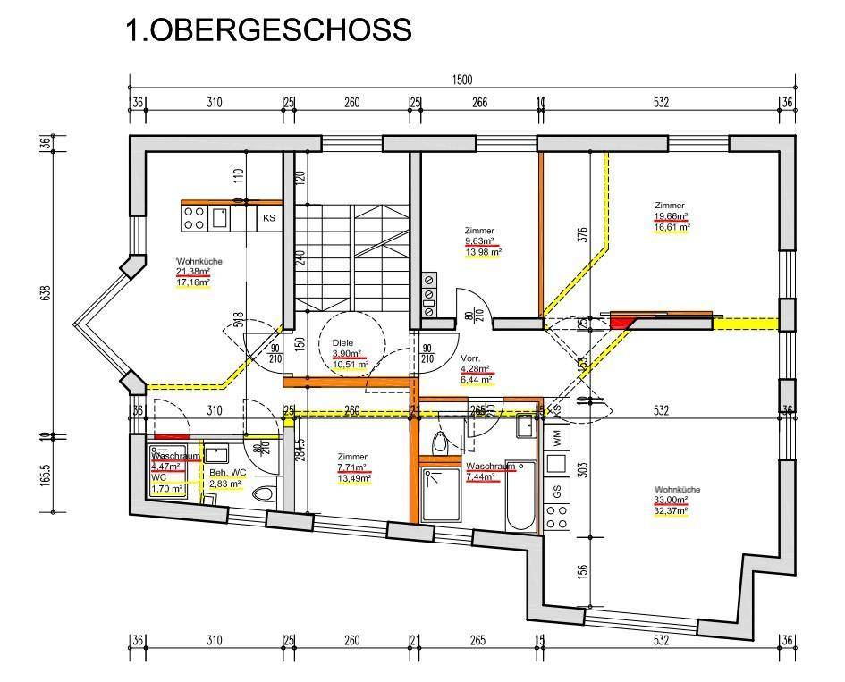 Grundriss des ersten Obergeschosses mit mehreren Wohnküchen, Schlafzimmern und Bädern.