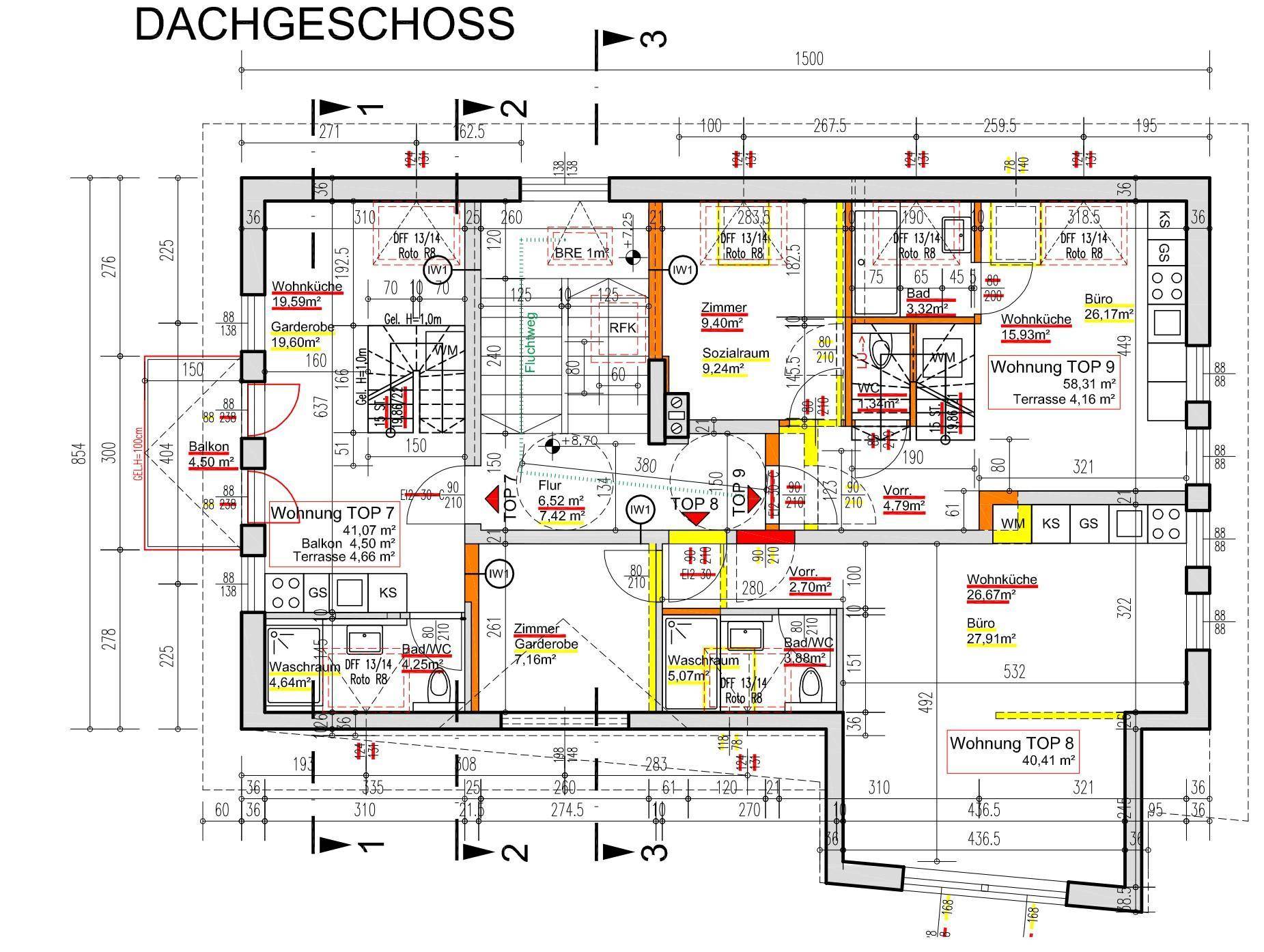 Grundriss des Dachgeschosses mit mehreren Wohnungen, Terrassen und Balkonen.