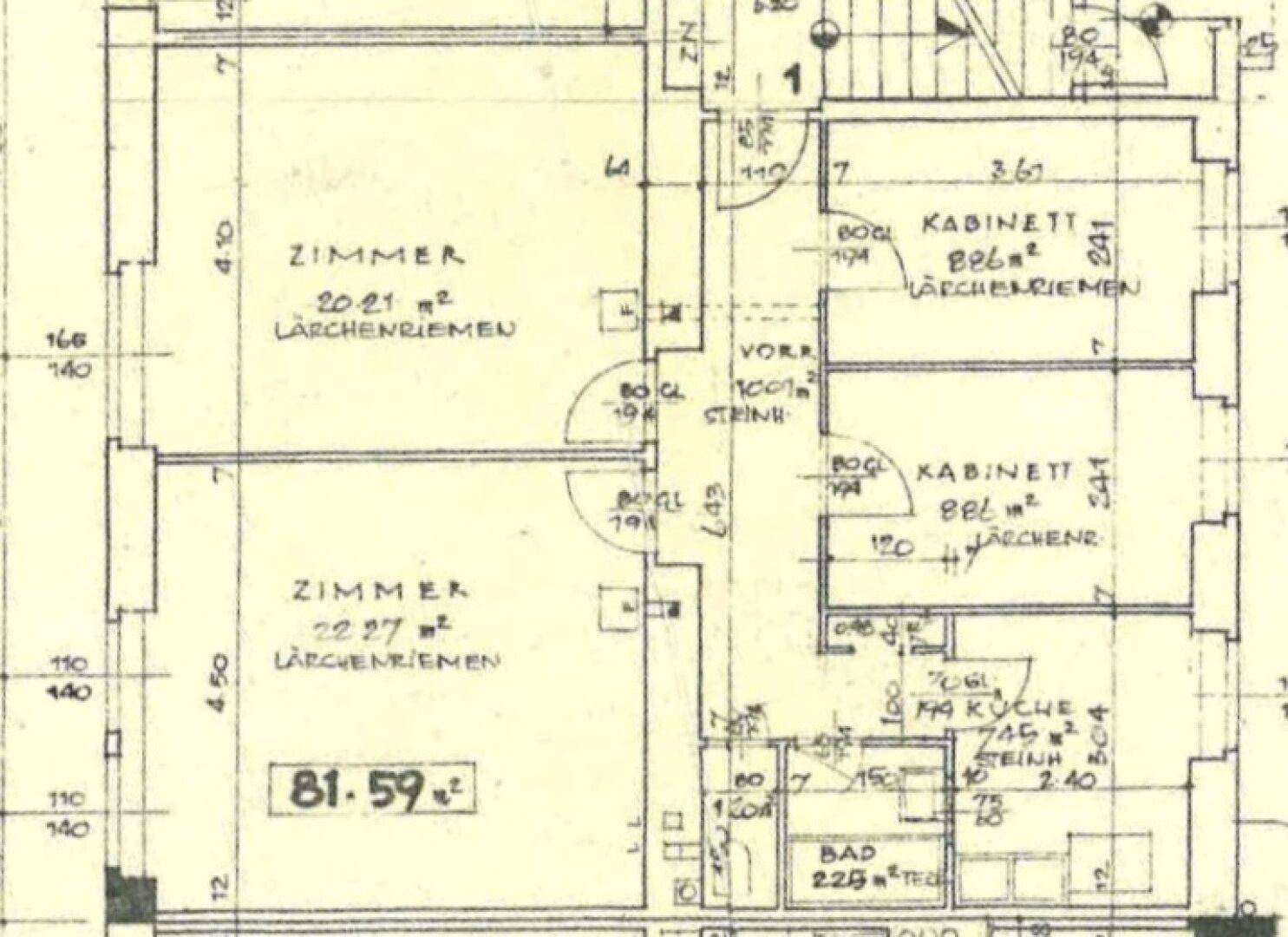 Handgezeichneter Grundriss mit Raumaufteilung und Flächenangaben in Quadratmetern.