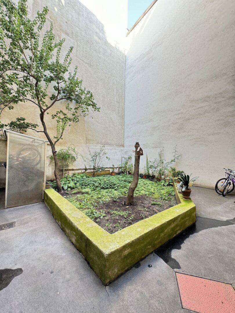 Kleiner Innenhof mit einem erhöhten Gartenbeet, einem Baum und Betonpflaster, umgeben von hohen Mauern.