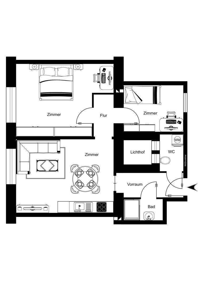 Grundriss einer Wohnung mit drei Zimmern, Bad, WC und einem Lichthof.