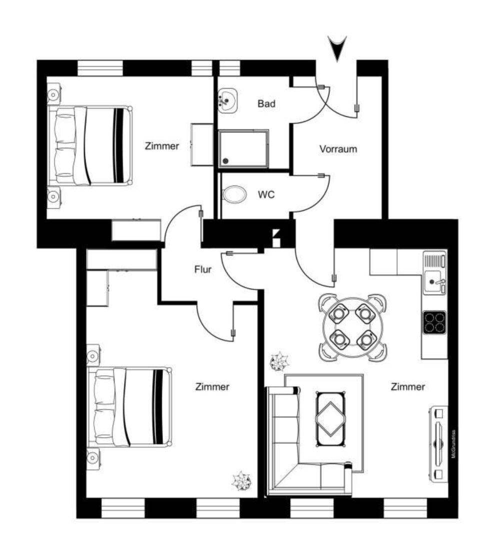 Grundriss einer Wohnung mit drei Zimmern, Bad, WC und offener Küche.