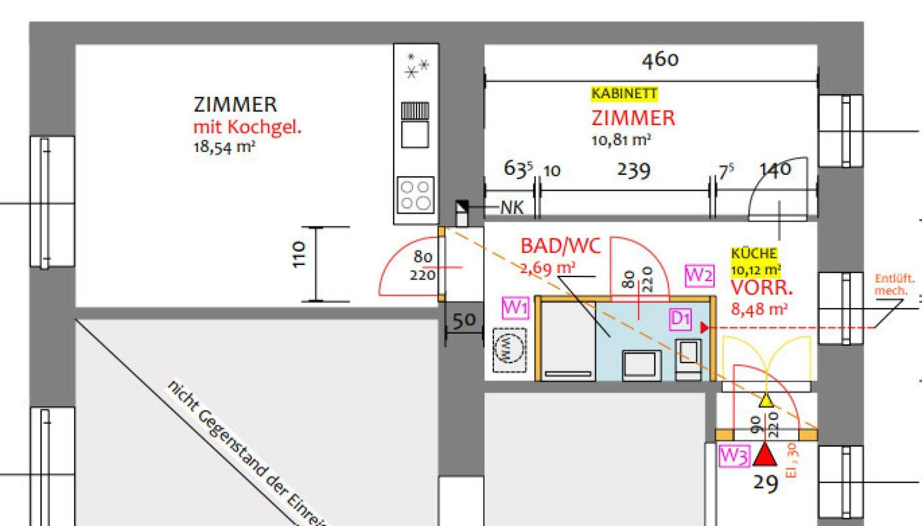 Grundriss einer Wohnung mit Zimmern, Kochnische, Bad und Kabinett.