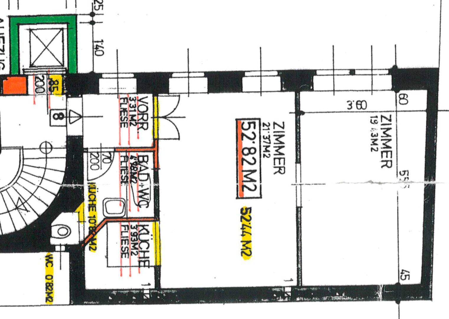 Grundriss einer Wohnung mit Zimmern, Bad, WC und Küche, inklusive Flächenangaben.