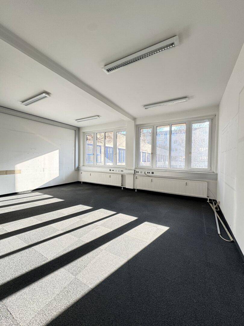 Leeres Büro mit Teppichfliesen, großen Fenstern und viel natürlichem Licht.