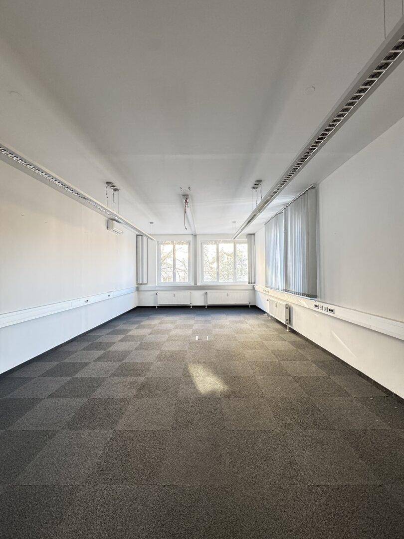 Geräumiges, leeres Büro mit Teppichfliesen, großen Fenstern und Deckenbeleuchtung.