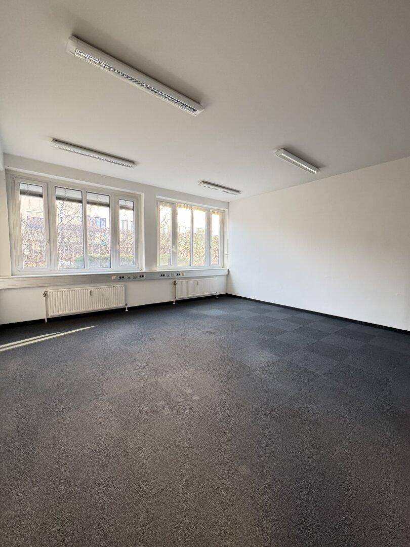 Helles, leeres Büro mit Teppichfliesen, großen Fenstern und viel natürlichem Licht.