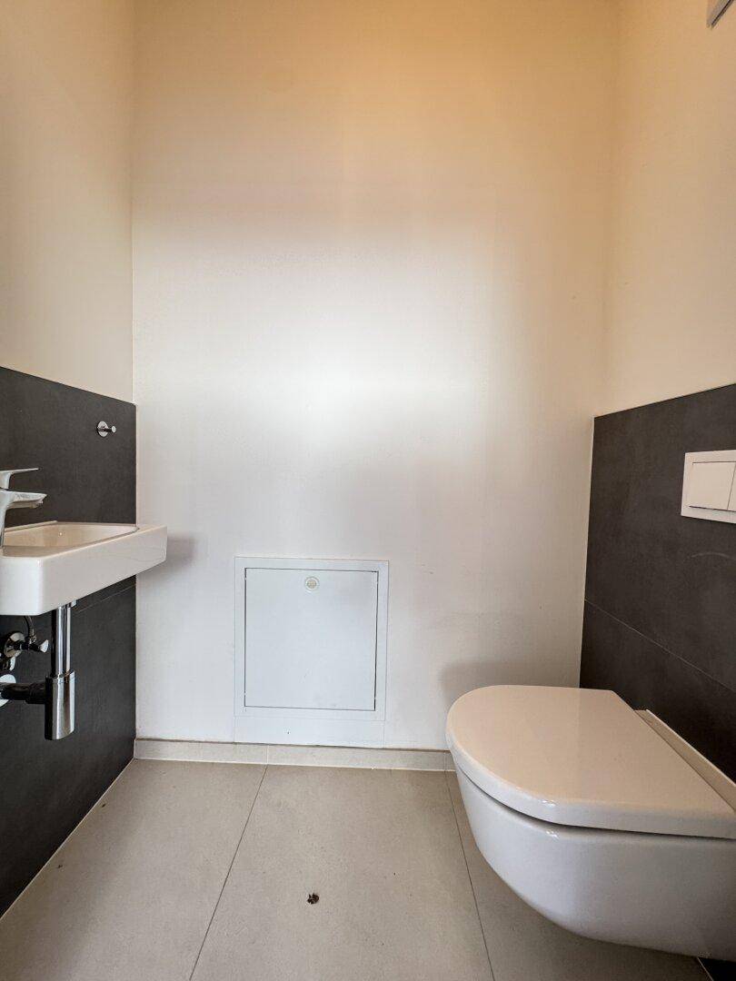 Modernes Gäste-WC mit wandhängendem WC, kleinem Waschbecken und dunkler Akzentwand.