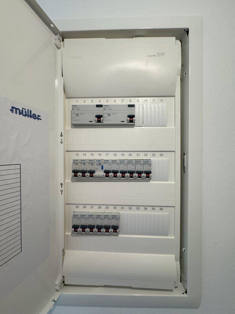 Elektrischer Sicherungskasten mit mehreren Reihen von Schaltern und Beschriftungen.