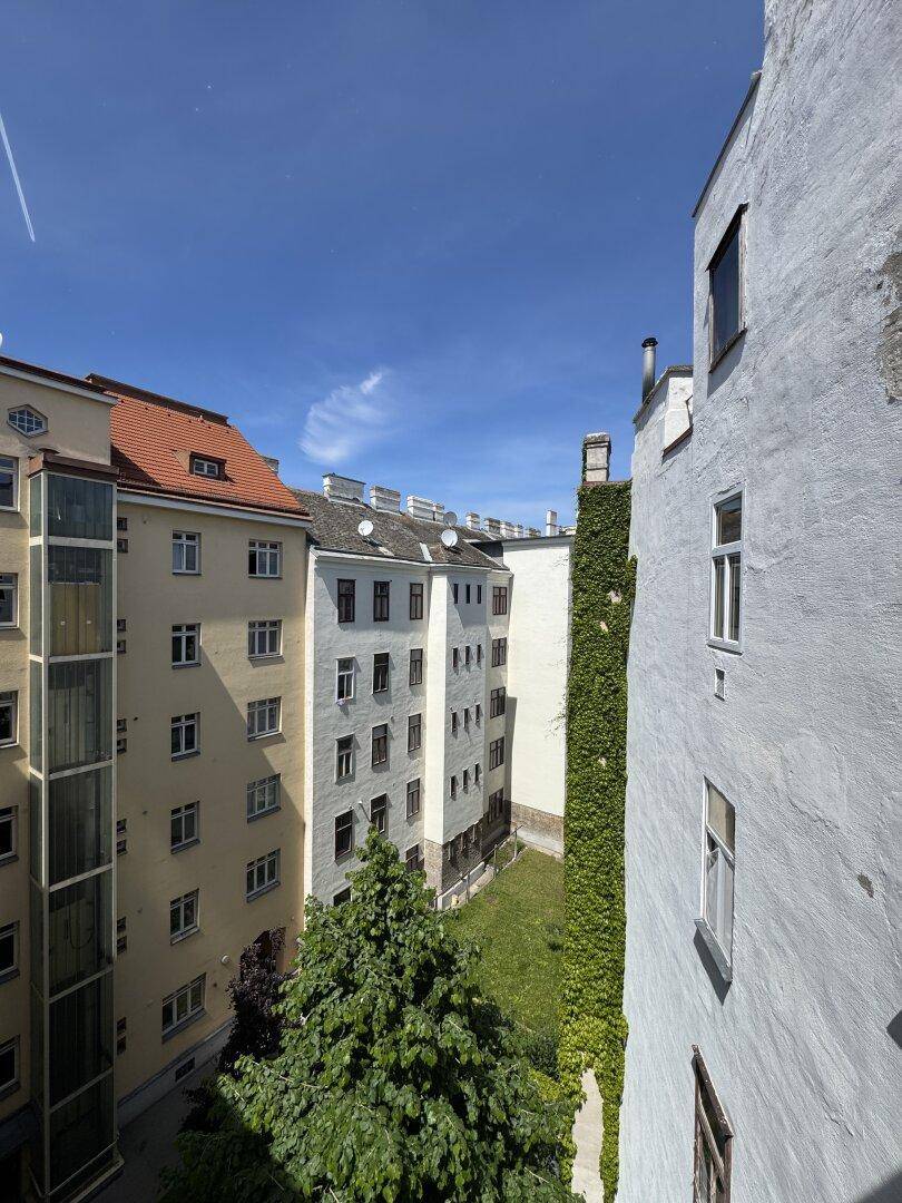 Blick in einen grünen Innenhof mit umliegenden Altbauten und einem sichtbaren Aufzug an der Fassade.