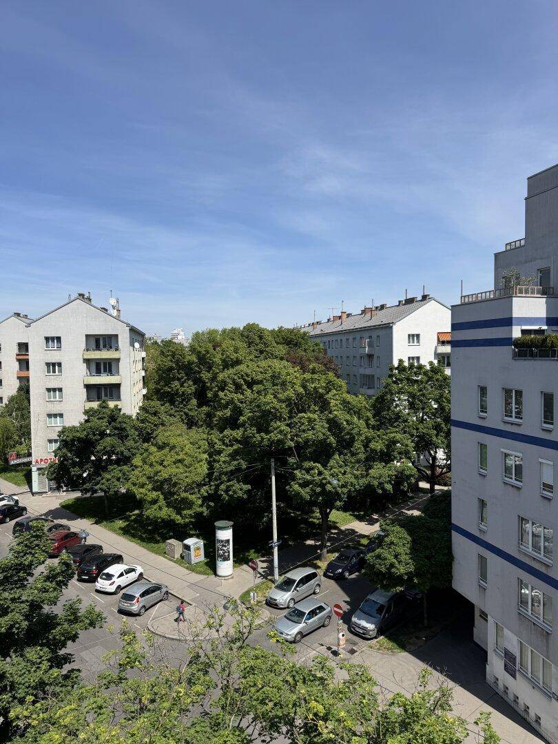 Weitläufiger Blick auf eine Stadtstraße mit parkenden Autos, Bäumen und Gebäuden.