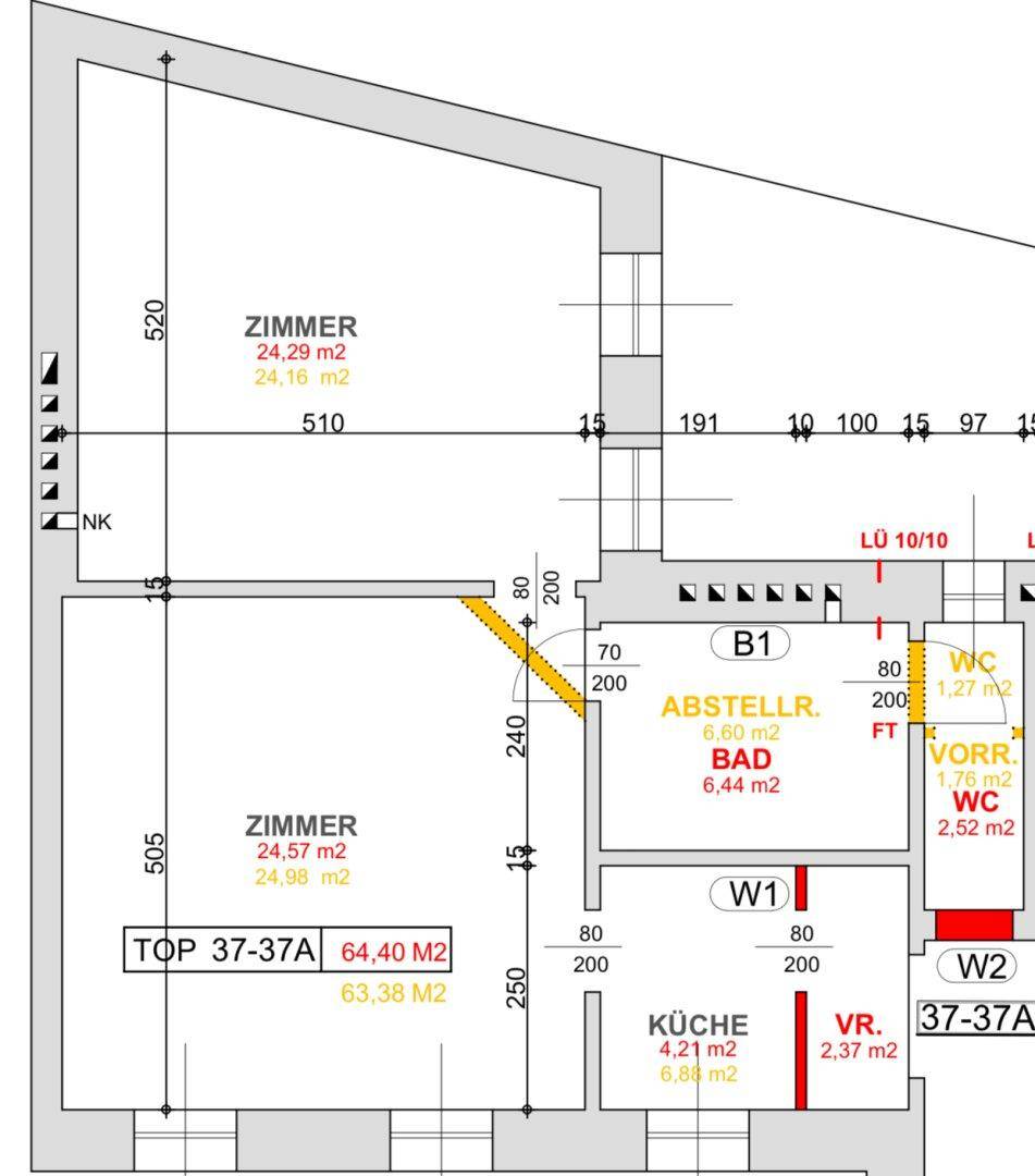 Grundriss der Wohnung mit zwei Zimmern, Bad, WC und Abstellraum, inklusive Maßen.