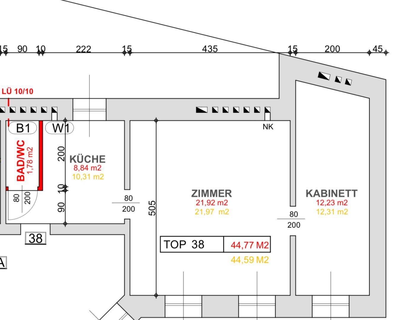 Grundriss der Wohnung Top 38 zeigt Zimmer, Kabinett, Küche und Bad/WC mit Dachschräge.