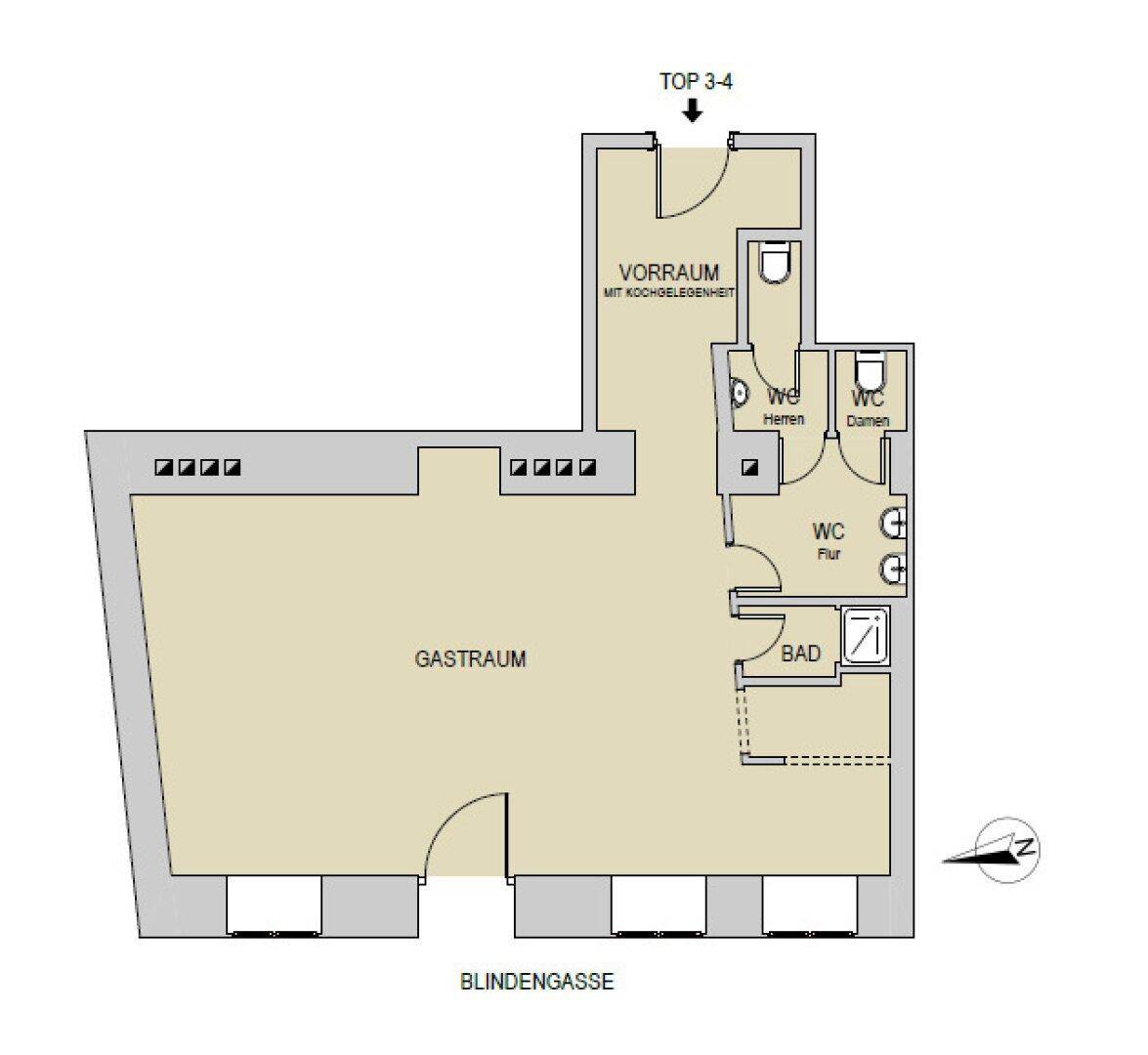 Grundriss mit großem Gastraum, Vorraum mit Kochgelegenheit und mehreren Toilettenbereichen.