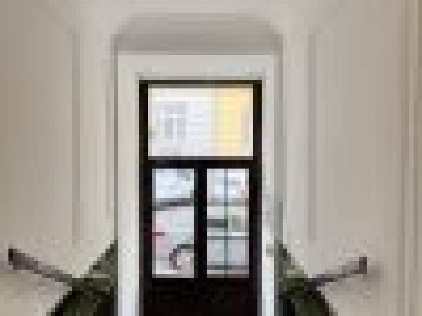 Heller Flur mit einer dunklen Holztür und Glaseinsätzen, die Tageslicht hereinlassen.