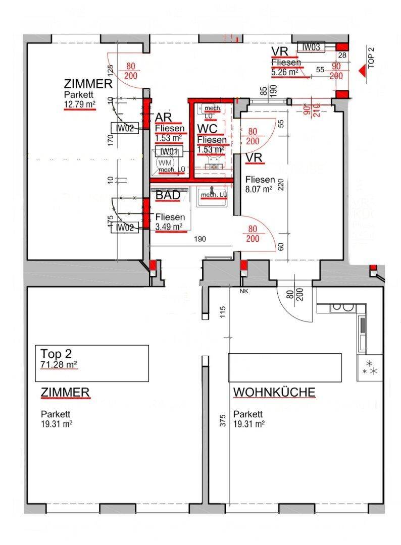 Detaillierter Grundriss einer Wohnung mit Wohnküche, Bad und separatem WC.