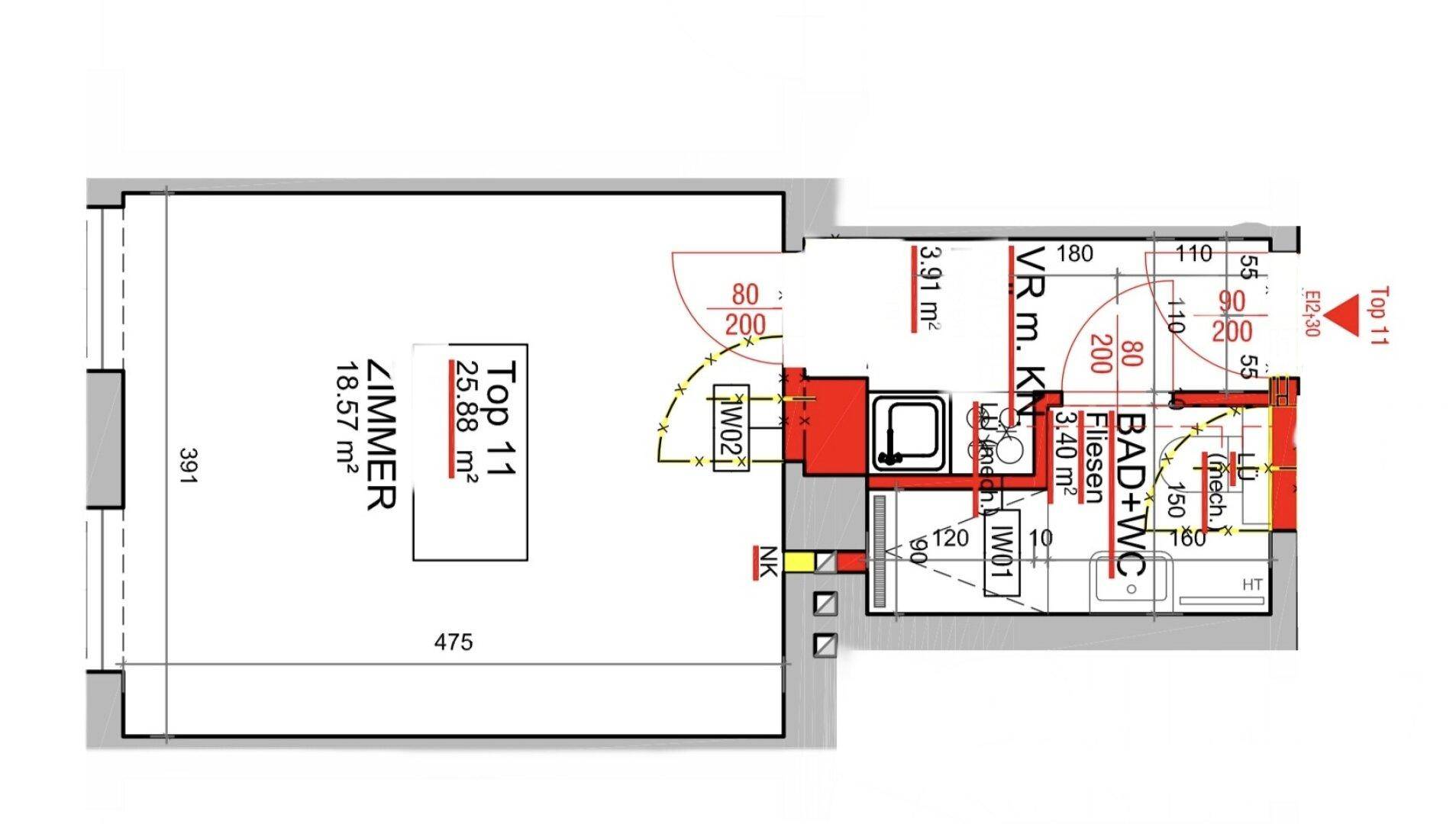 Grundriss zeigt ein Zimmer und ein Badezimmer mit WC, inklusive Maßangaben.