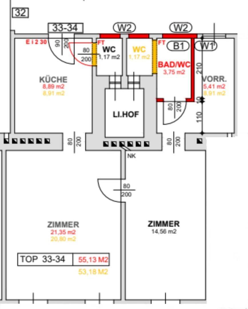 Detaillierter Grundriss einer Wohnung mit Küche, Bad, WC und zwei Zimmern.