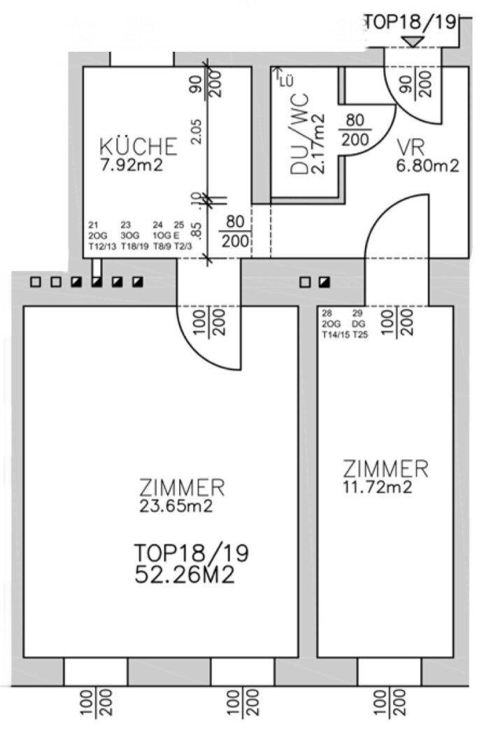 Grundriss einer Wohnung mit Küche, Bad, Vorraum und zwei Zimmern.