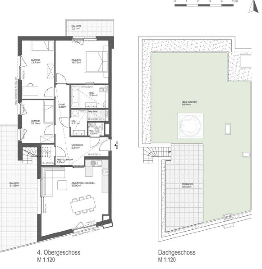 Grundrisspläne zeigen ein Duplex-Apartment über zwei Ebenen mit offenem Wohnbereich, drei Schlafzimmern, zwei Bädern, Balkon, Dachgarten und Whirlpool.