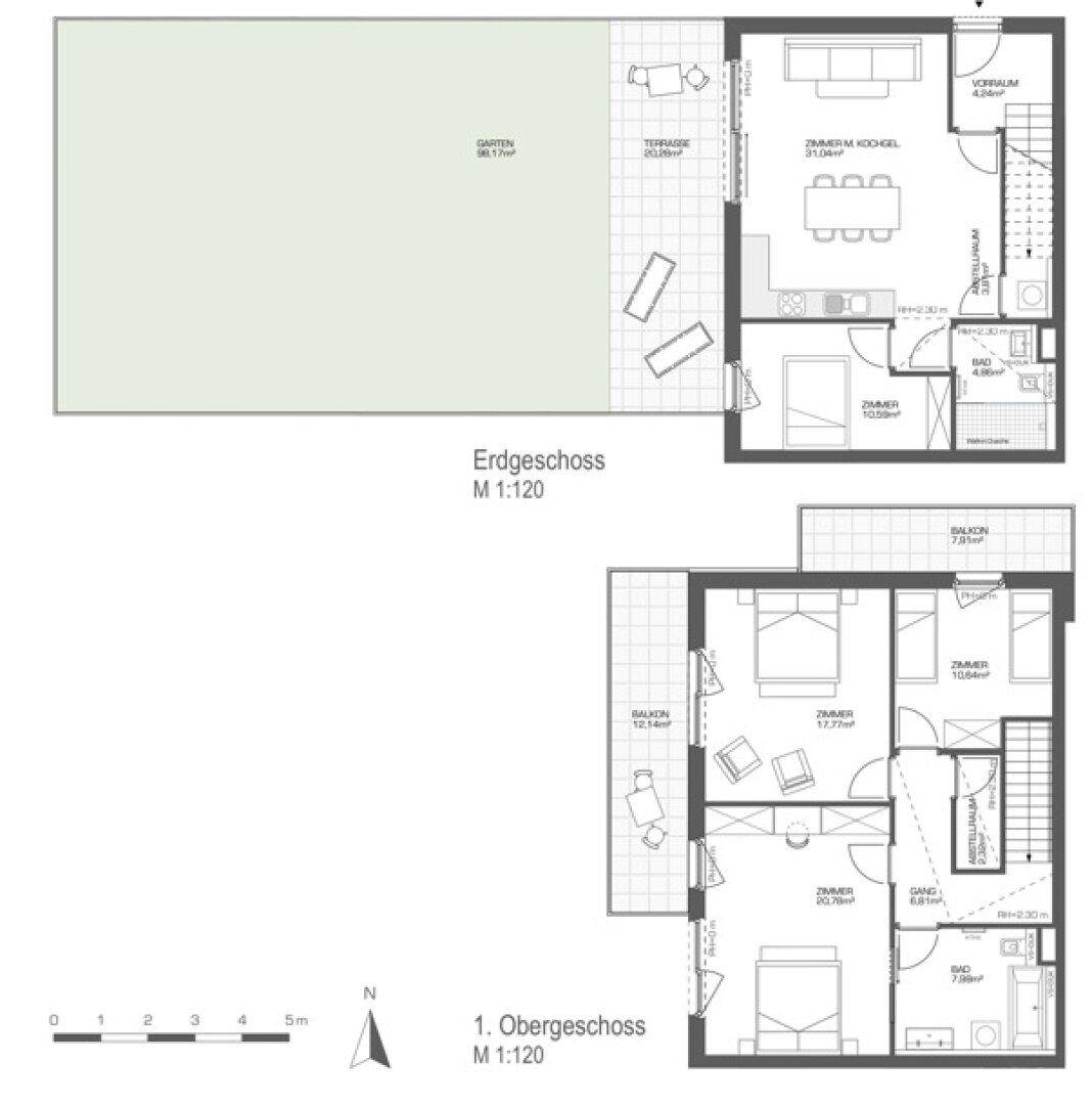 Grundrissplan zeigt ein zweistöckiges Haus mit Garten, Terrasse, mehreren Balkonen und offenem Wohnbereich.