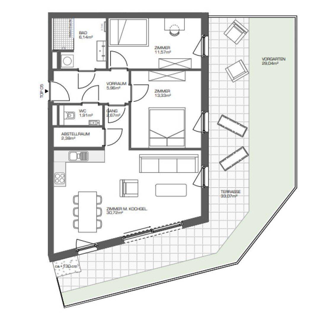 Grundriss einer Wohnung mit offenem Wohnbereich, zwei Schlafzimmern, Bad, separatem WC, Terrasse und Vorgarten.