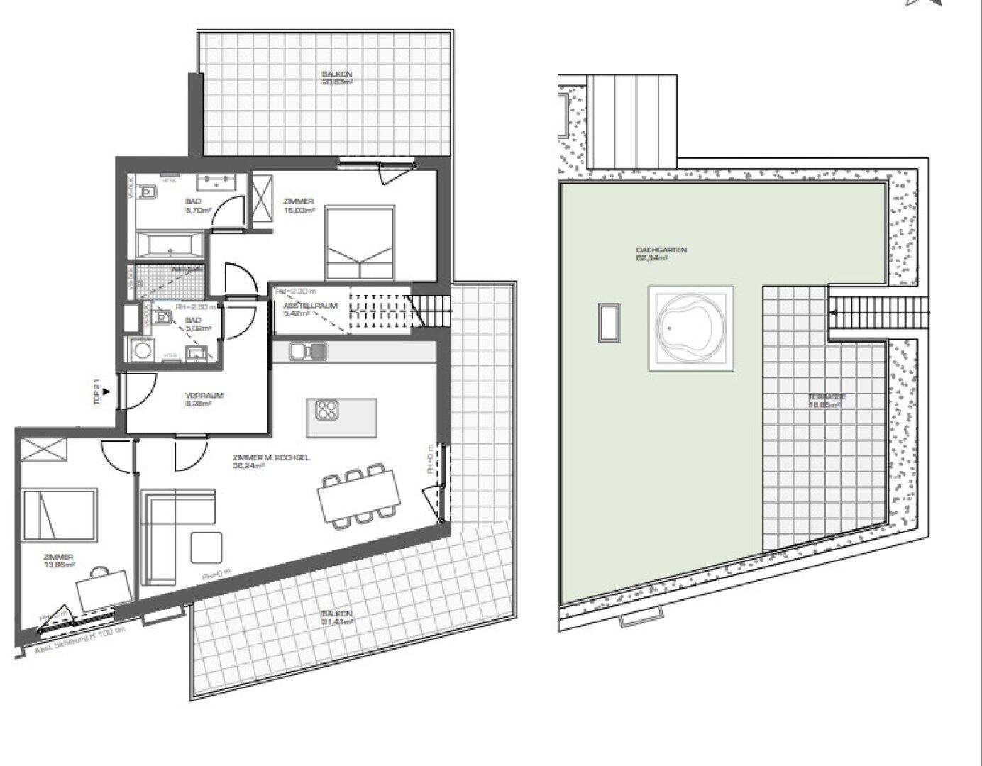 Grundriss einer Wohnung mit offenem Wohnbereich, zwei Bädern, zwei Balkonen und einem Dachgarten mit Whirlpool.