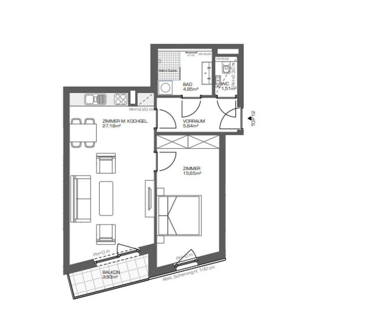 Grundriss einer Wohnung mit offenem Wohnbereich, Schlafzimmer, Bad, WC und Balkon.