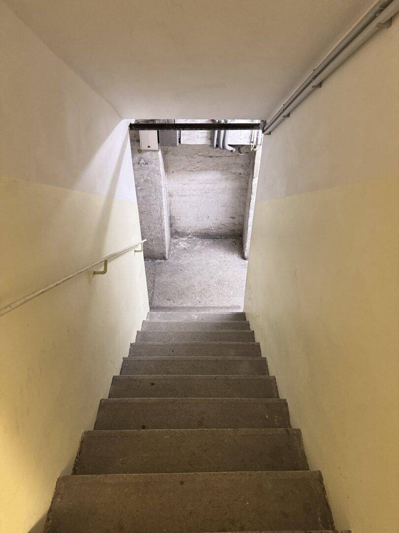 Treppe führt hinunter in einen einfachen Kellerbereich mit Betonboden und sichtbaren Rohren.