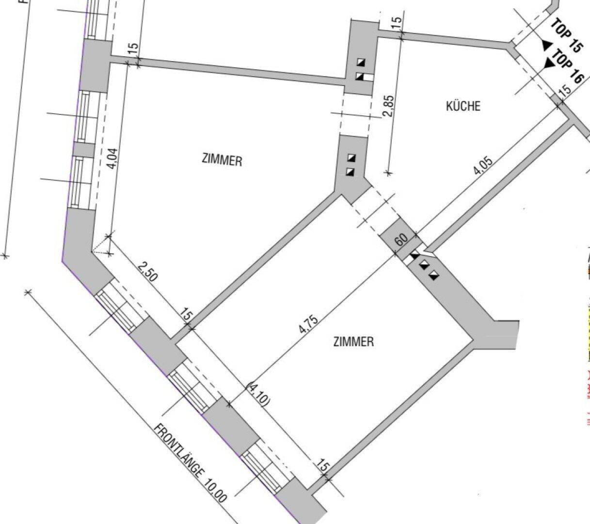 Grundriss zeigt zwei Zimmer und eine Küche mit Maßangaben.