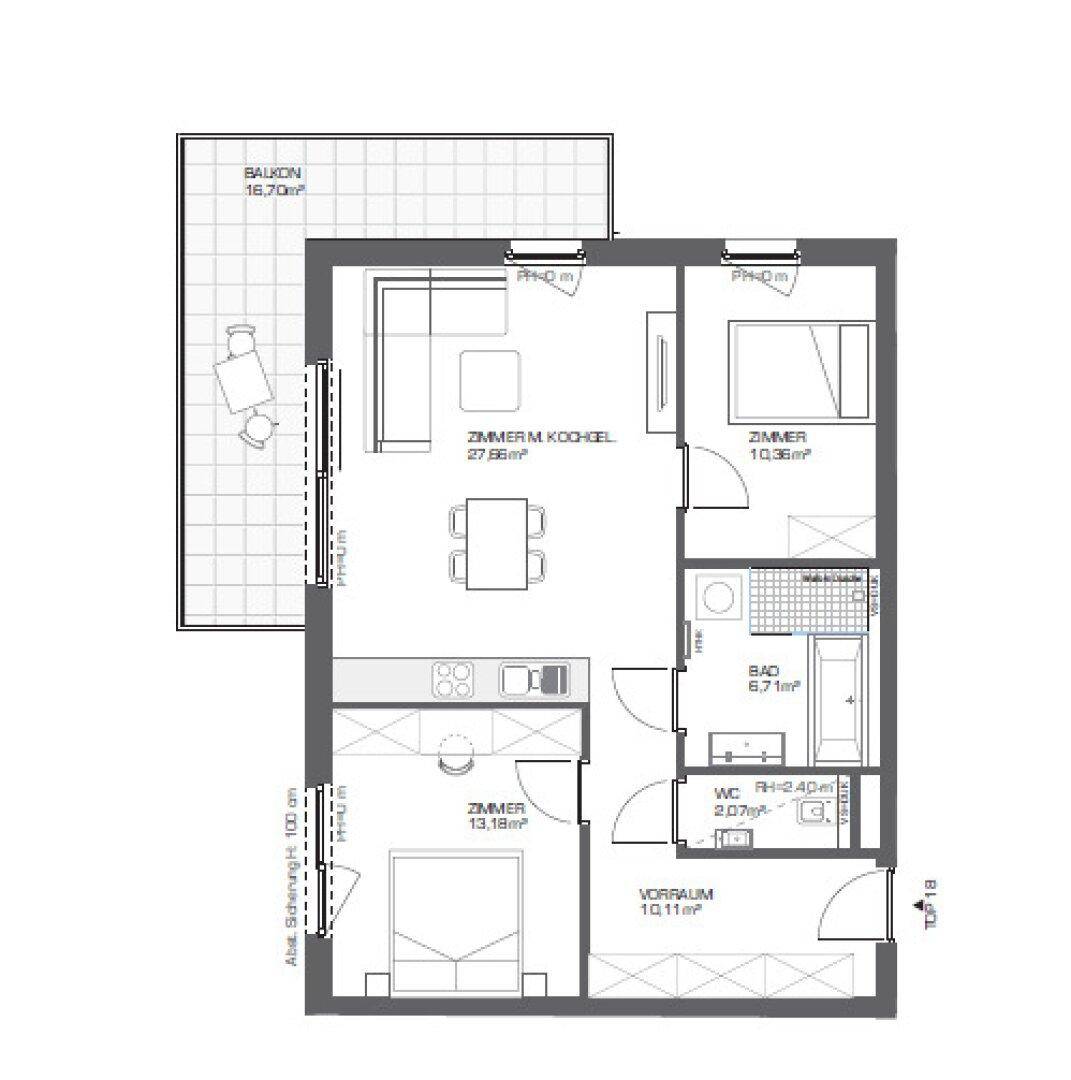 Detaillierter Grundriss einer Wohnung mit Balkon, mehreren Zimmern und offenem Wohnbereich.