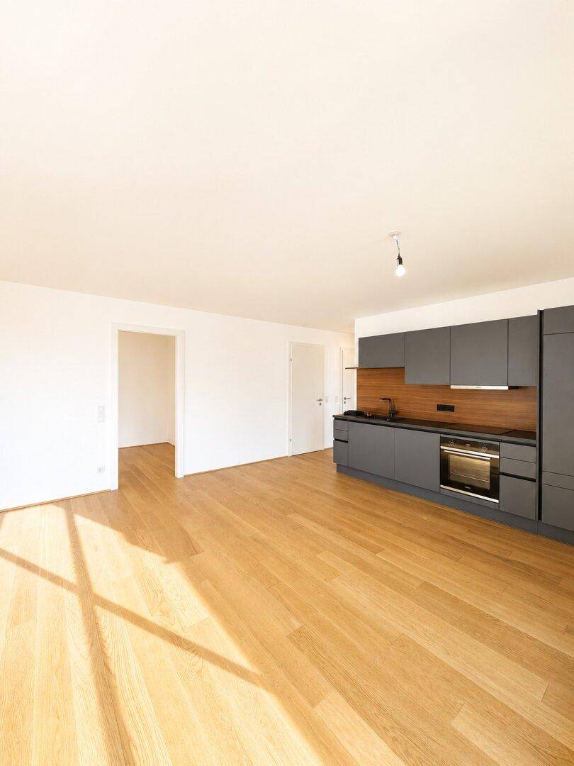 Moderne, unbenutzte Küche mit dunklen Schränken und Holzakzenten in einem offenen Wohnbereich.