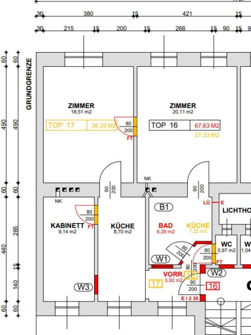 Grundrissplan zeigt die Aufteilung einer Wohnung mit zwei Zimmern, Küche, Bad und separatem WC.