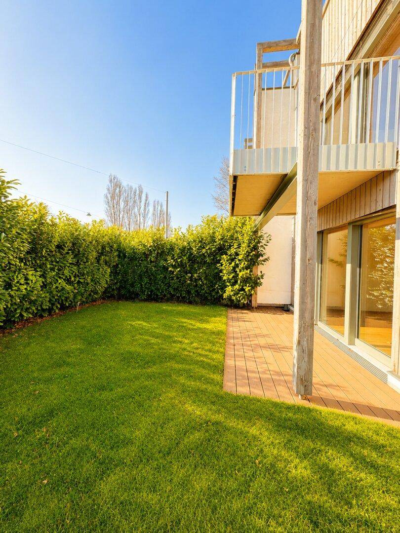 Grüner Gartenbereich mit Rasenfläche, Holzterrasse und hoher Hecke an einem sonnigen Tag.