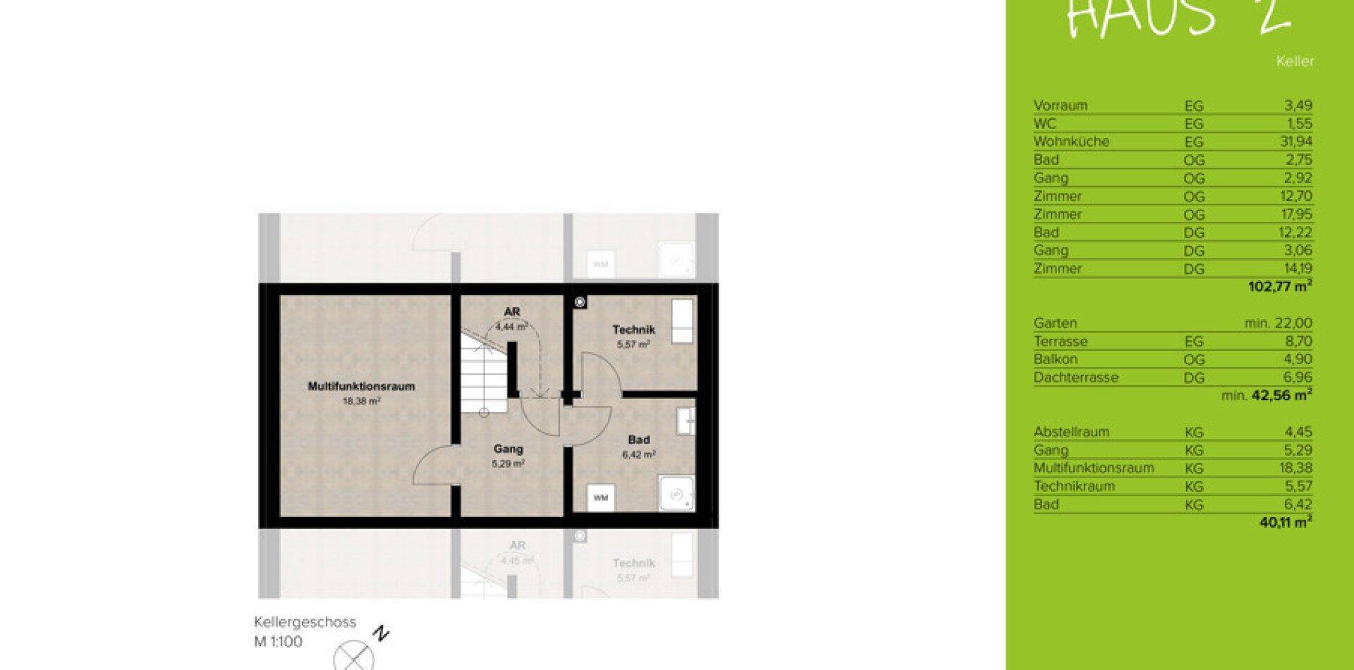 Grundriss des Kellergeschosses mit Multifunktionsraum, Bad und Technikbereich, inklusive Flächenangaben.