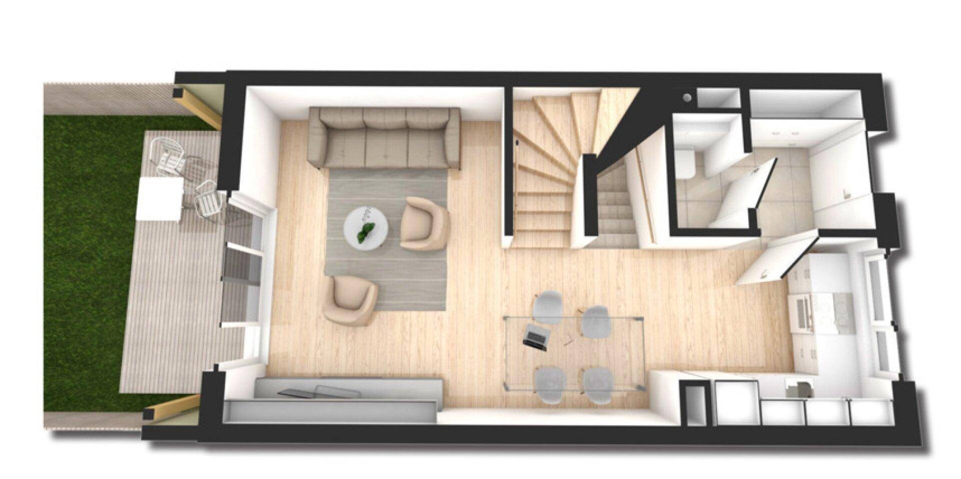 3D-Grundriss des Erdgeschosses mit offenem Wohn-Essbereich, Küche, Gäste-WC, Terrasse und Garten.