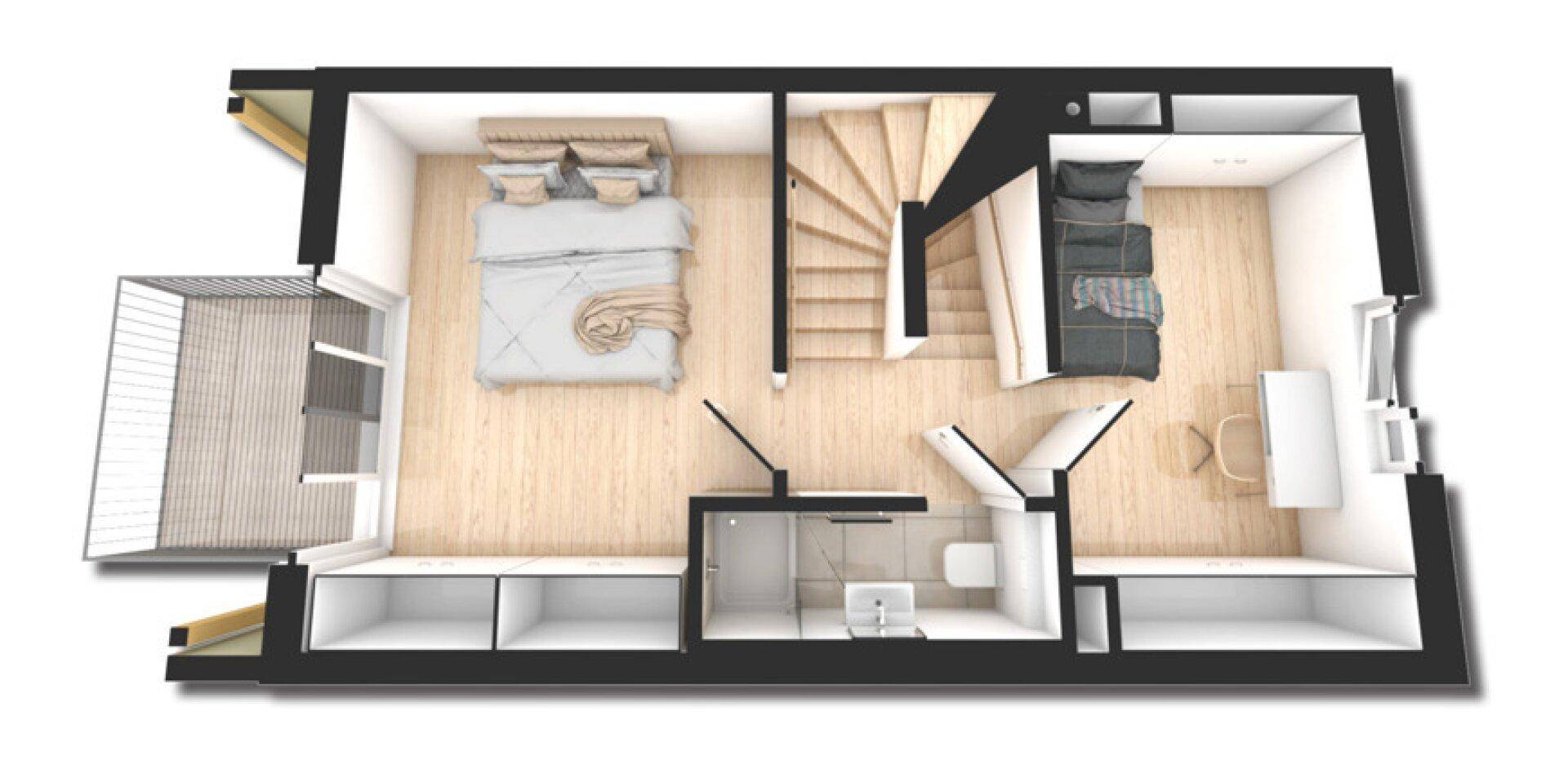 3D-Grundriss des Obergeschosses mit zwei Schlafzimmern, einem Badezimmer mit Dusche und einem Balkon.