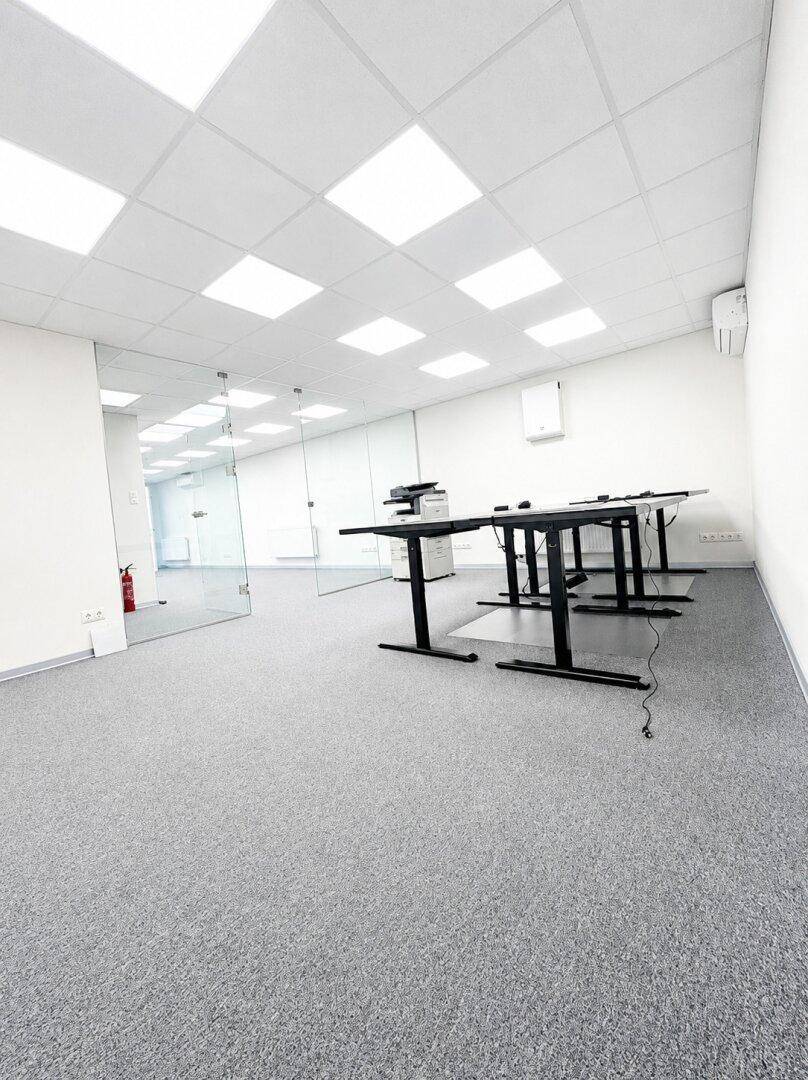 Geräumiges Büro mit grauem Teppichboden, Glastrennwänden und höhenverstellbaren Tischen.