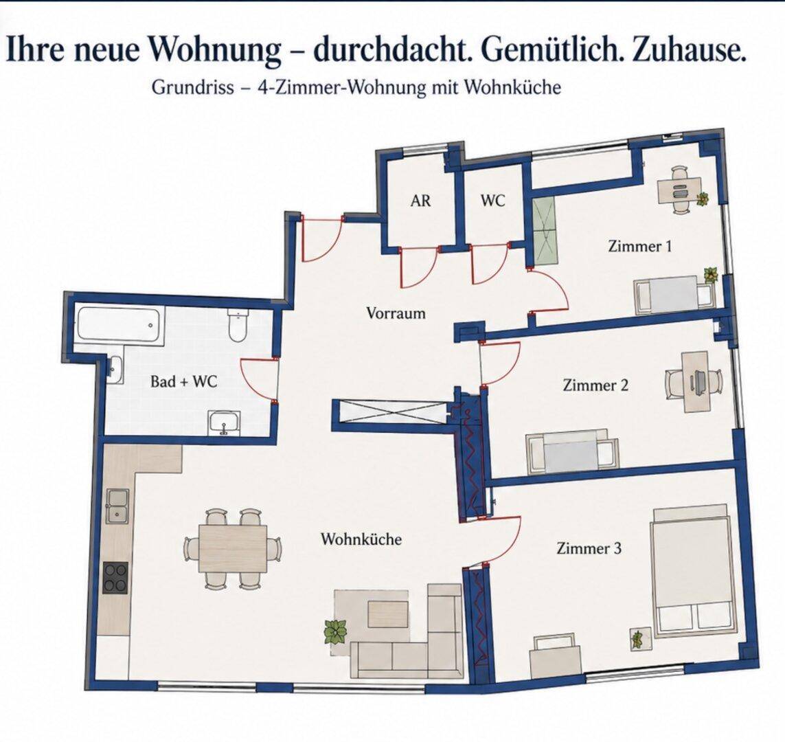 Grundriss einer 4-Zimmer-Wohnung mit Wohnküche und zwei Bädern.