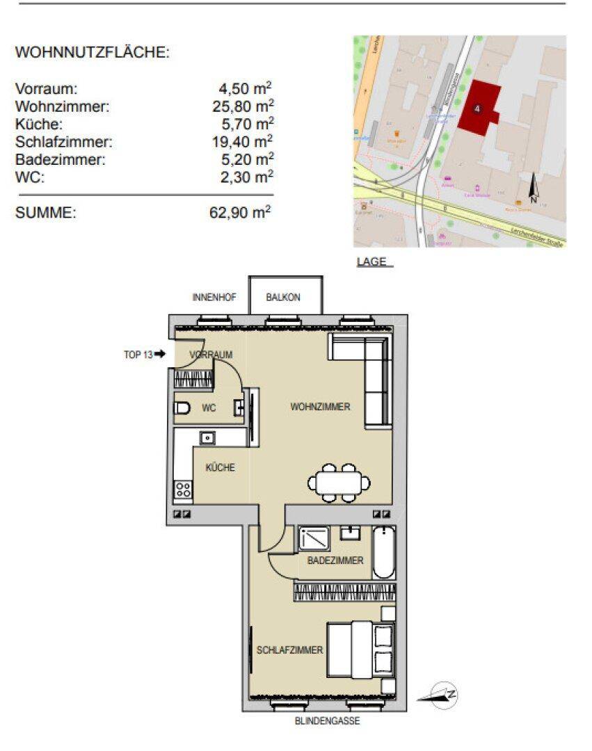 Detaillierter Grundriss der Wohnung mit Raumaufteilung, Flächenangaben und Lageplan.