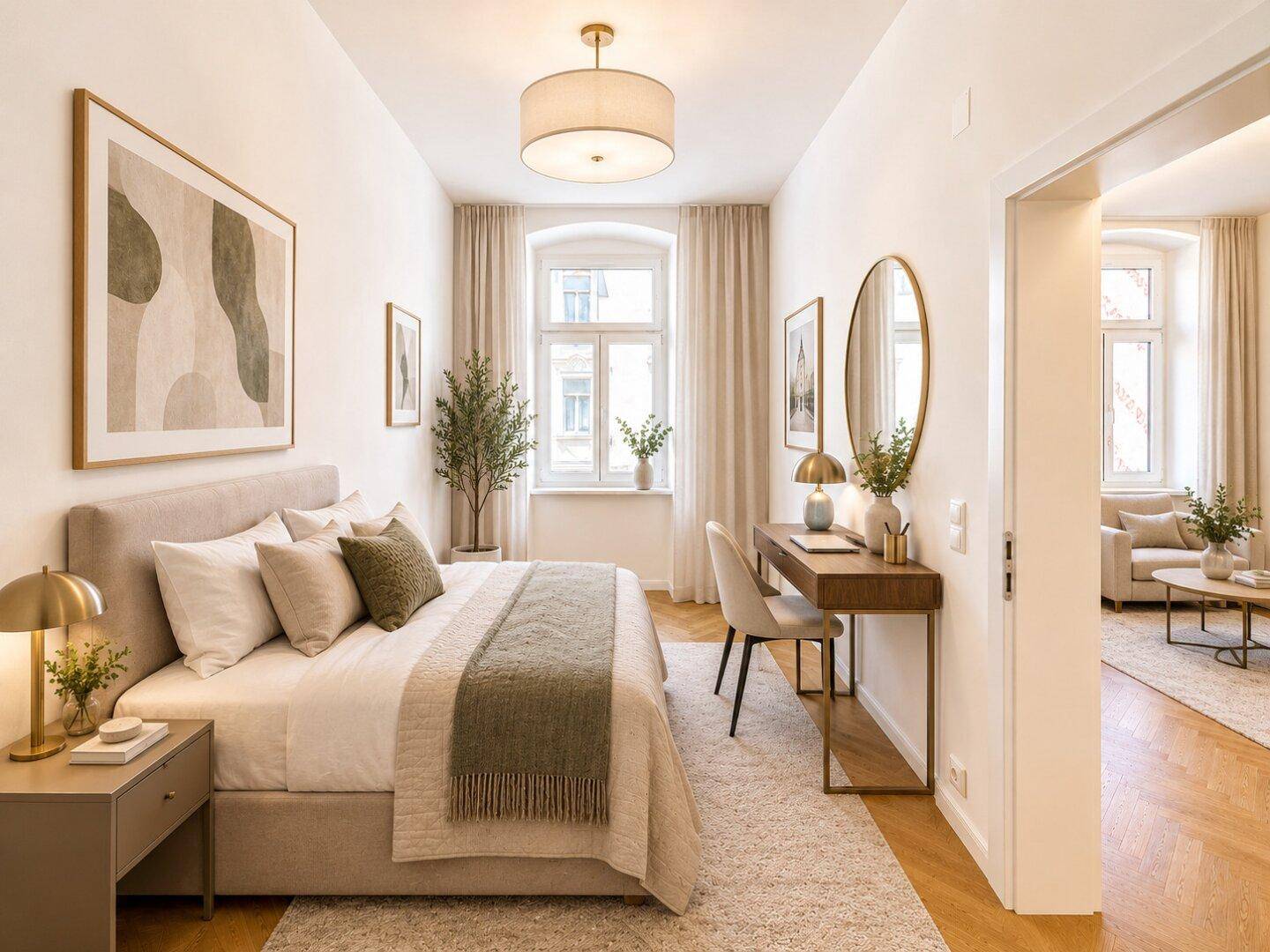 Helles Schlafzimmer mit Doppelbett, Schreibtisch und Blick auf die Stadt, ausgestattet mit modernem Dekor.