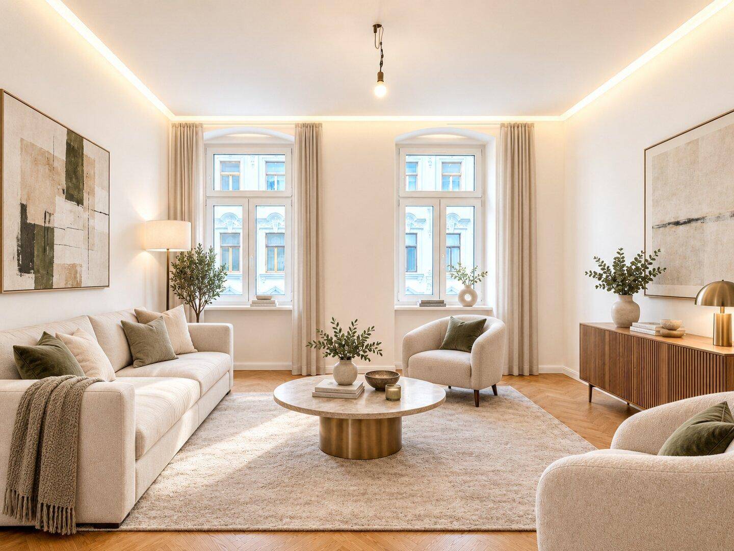 Gemütliches Wohnzimmer mit beigem Sofa, Couchtisch und zwei großen Fenstern, modern eingerichtet.